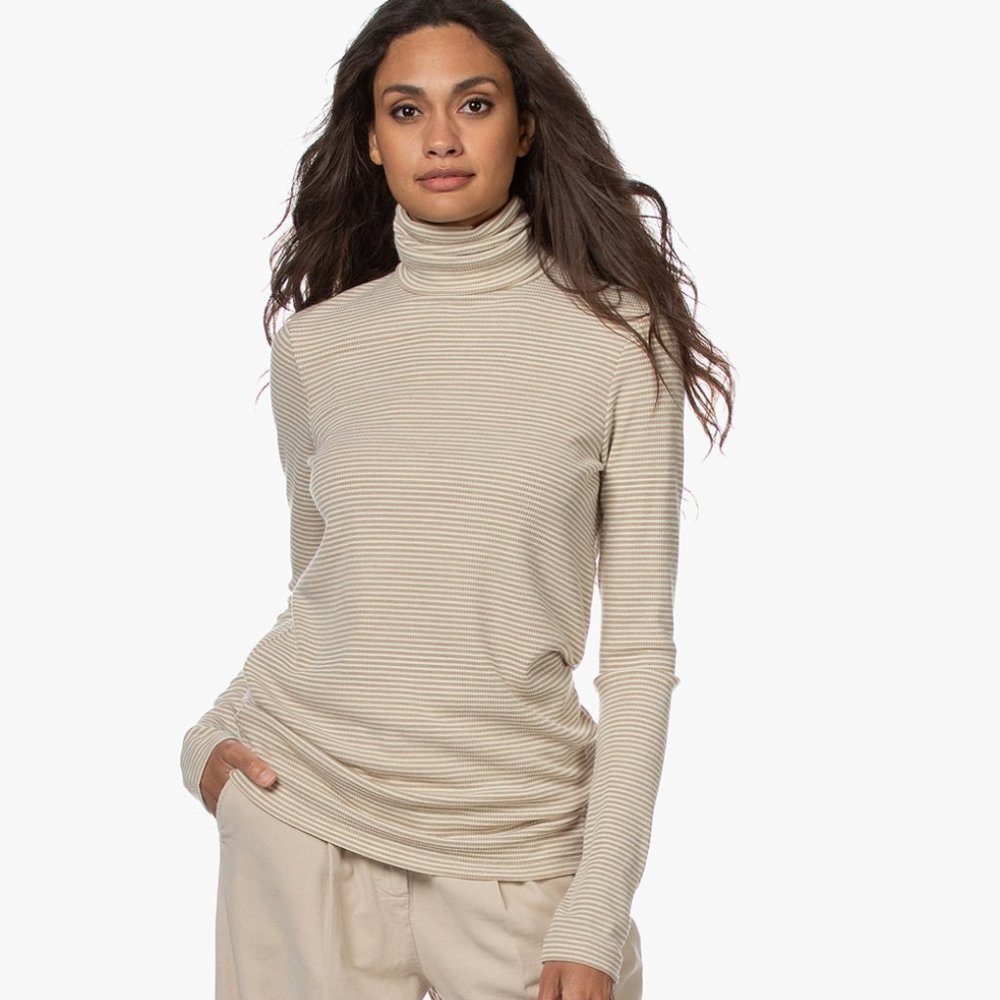 EUC neutral tan and cream off-white striped turtleneck, size Small